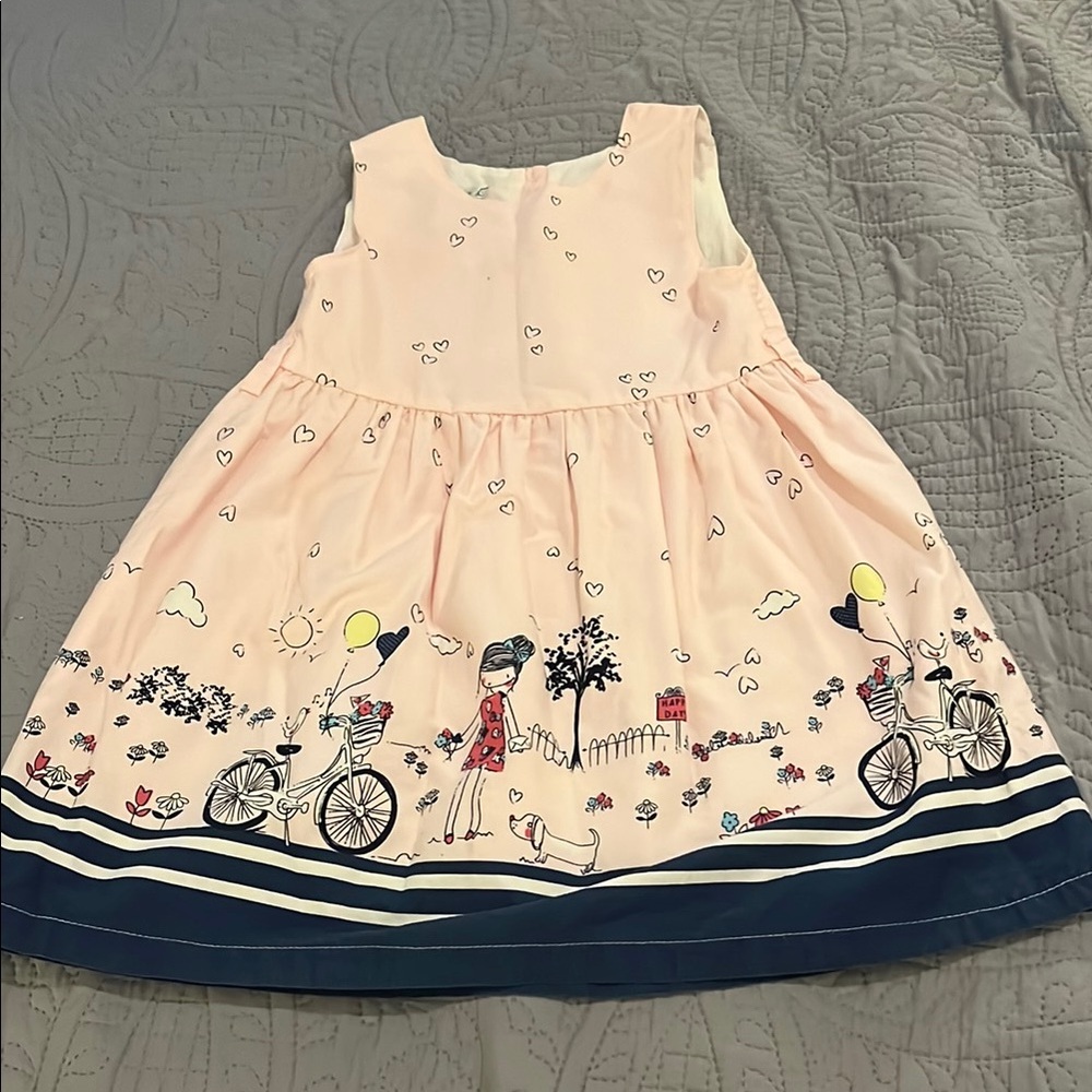 Pink and Blue Pleated Sundress with Scoop Neck and Bicycle cute print